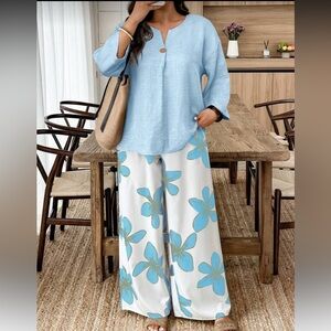 Light & Stylish Wide-Leg Flowered Pants & Solid Blue Loose Top With Gold Accents